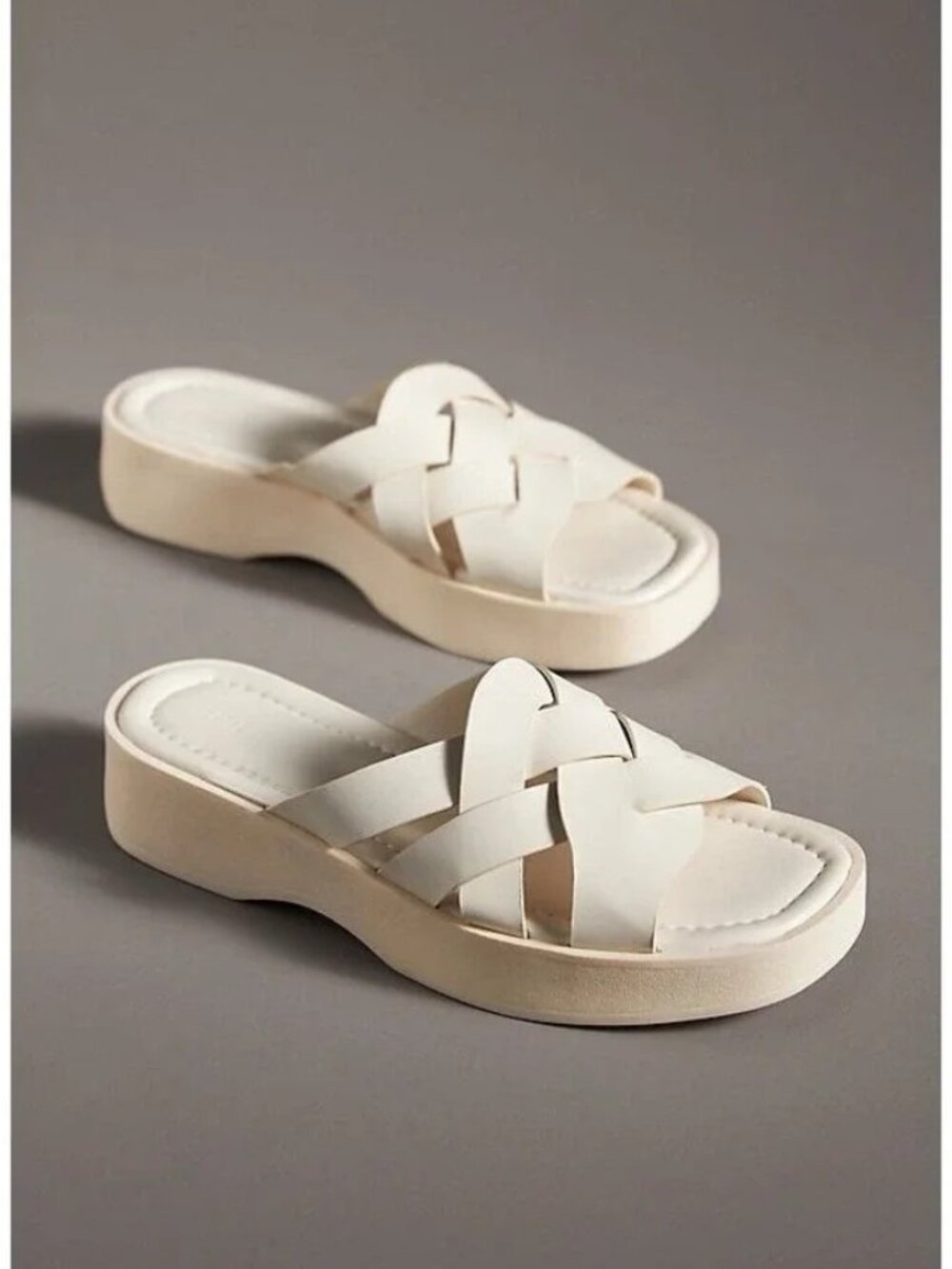 New Anthro Pilcro Leather Woven Slide Sandals, Cream, Size 39/8.5